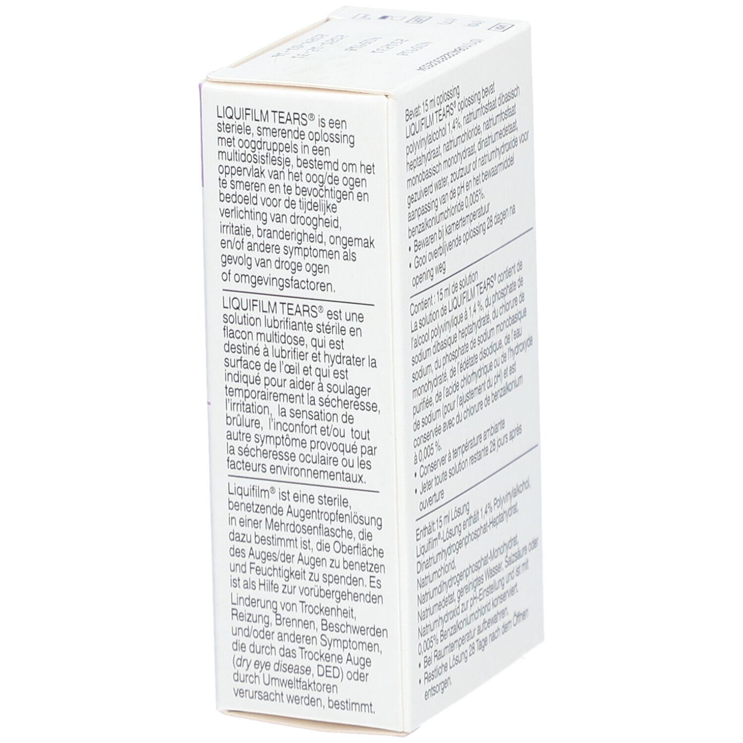 Boîte blanche avec texte. Inscription: LIQUIFILM TEARS, description, ingrédients. Avec marquage CE.