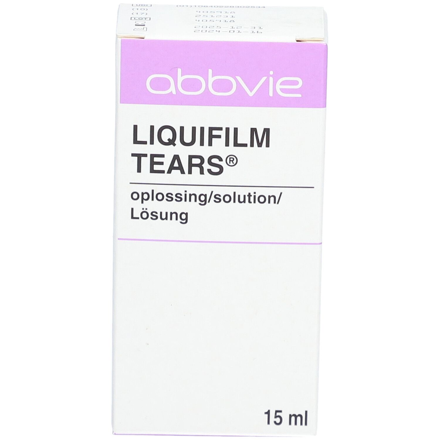 Boîte blanche avec accents violets. Inscription: abbvie, LIQUIFILM TEARS, solution. En bas: 15 ml.