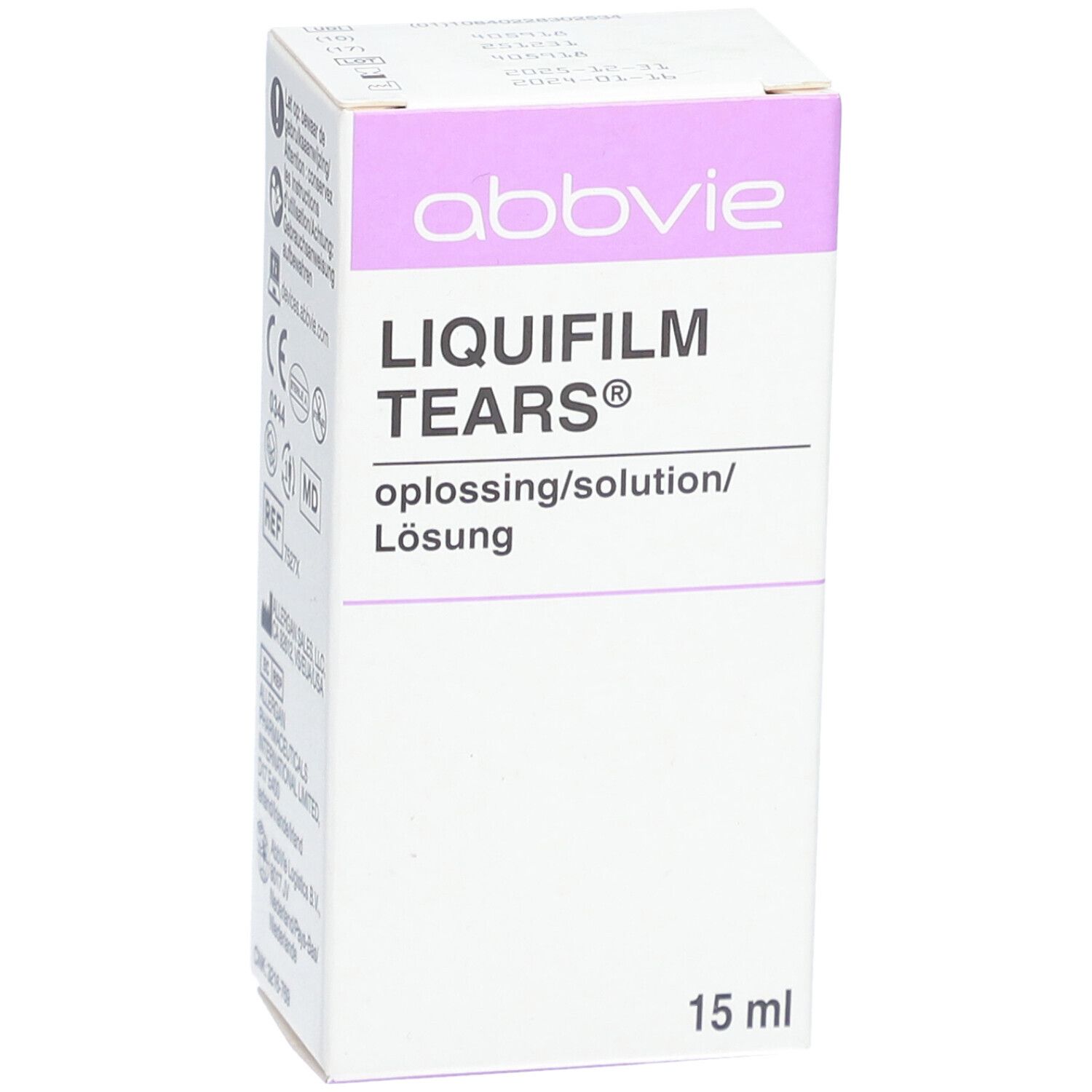 Boîte blanche avec accents violets. Inscription: abbvie, LIQUIFILM TEARS, solution. En bas: 15 ml.
