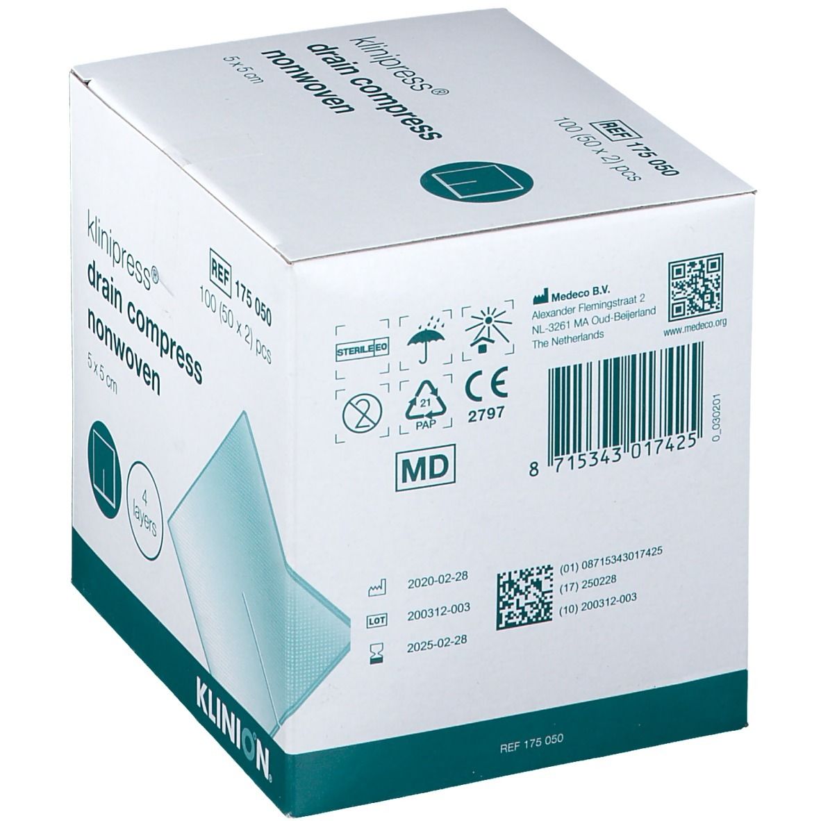 Doos KLINION® drain compressen, 5x5 cm, non-woven. 100 stuks. Steriel, CE-markering. REF 175 050.