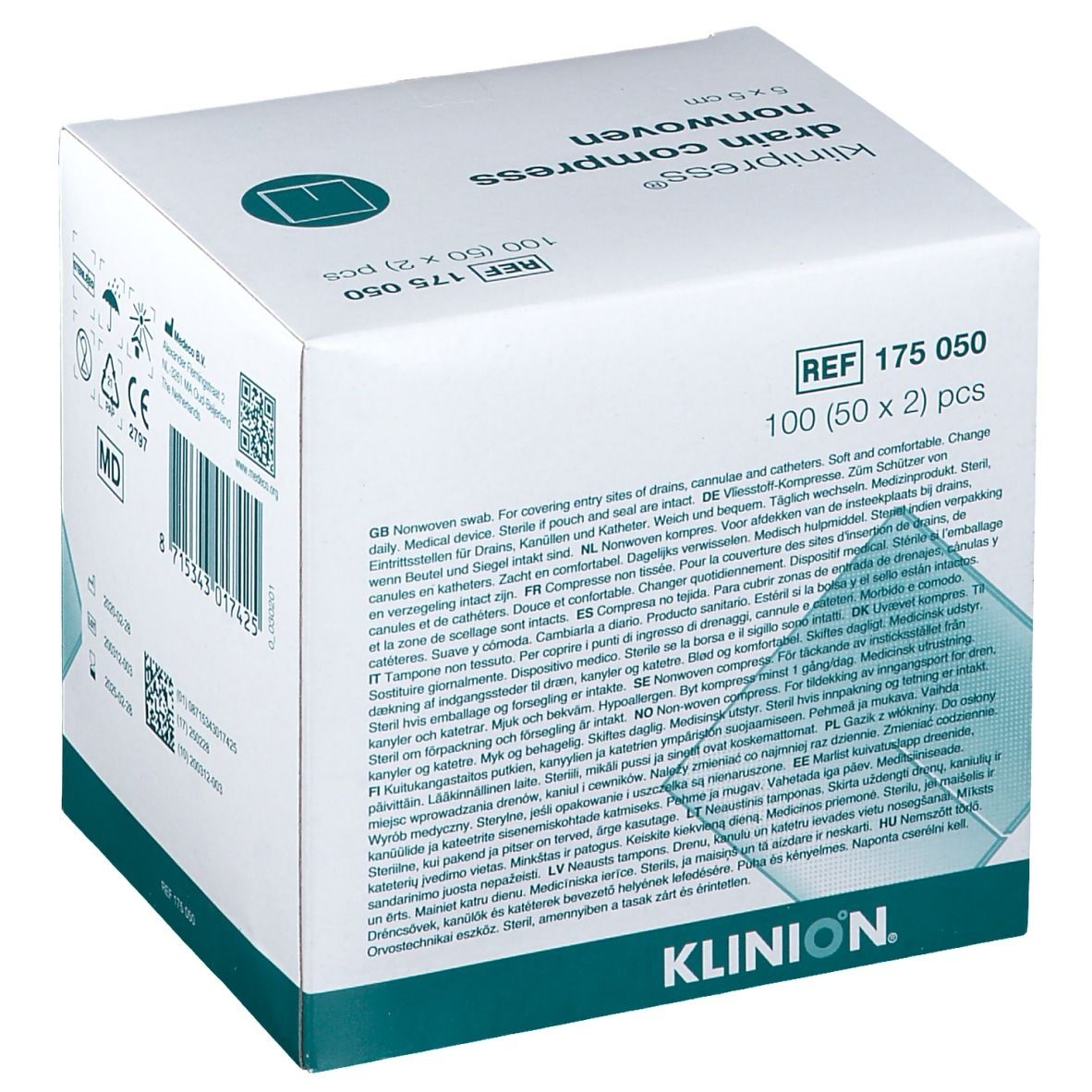 Doos KLINION® drain compressen, 5x5 cm, non-woven. 100 stuks. Meertalige tekst. REF 175 050.
