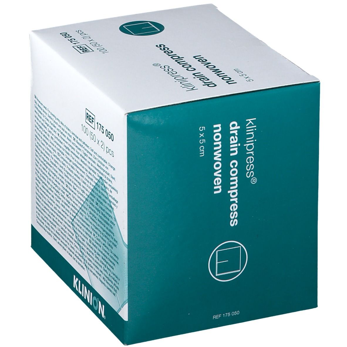 Doos KLINION® drain compressen, 5x5 cm, non-woven. 100 stuks. REF 175 050.