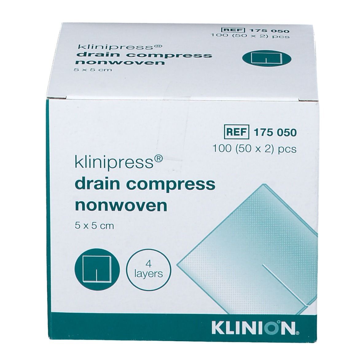 Doos KLINION® drain compressen, 5x5 cm, non-woven. 100 stuks. 4 lagen. REF 175 050.