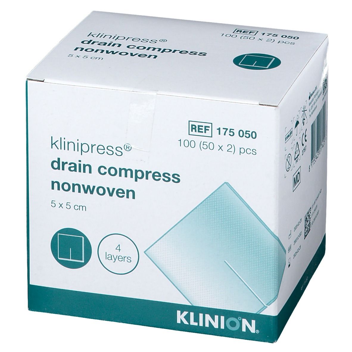 Doos KLINION® drain compressen, 5x5 cm, non-woven. 100 stuks. 4 lagen. REF 175 050.