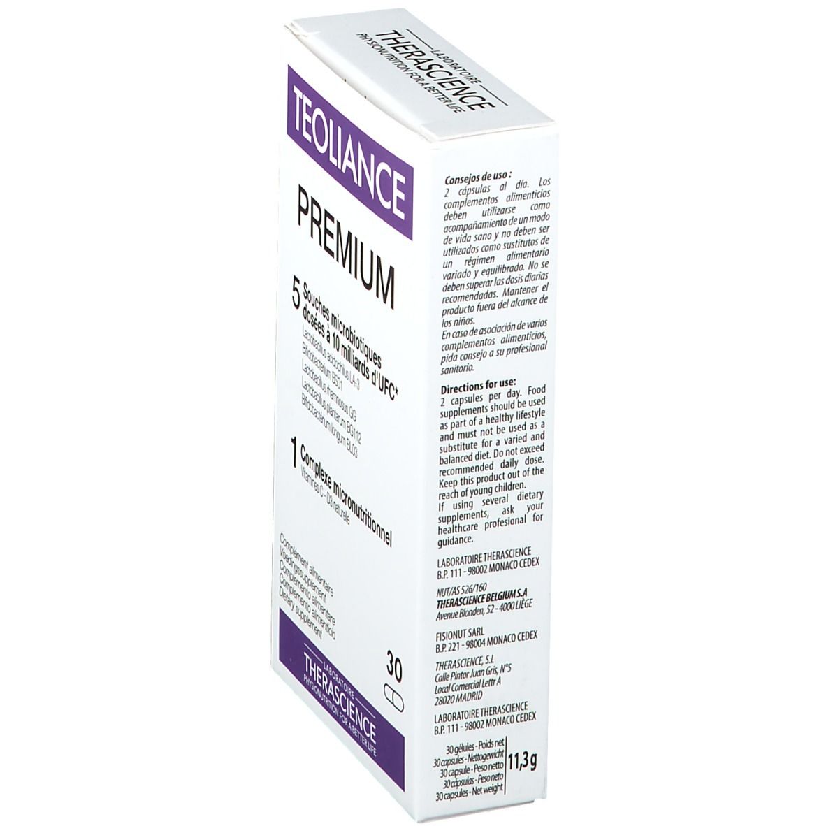 Boîte blanche, vue latérale. Inscription: TEOLIANCE PREMIUM, 30 gélules. Contient des informations sur l'utilisation et les ingrédients.
