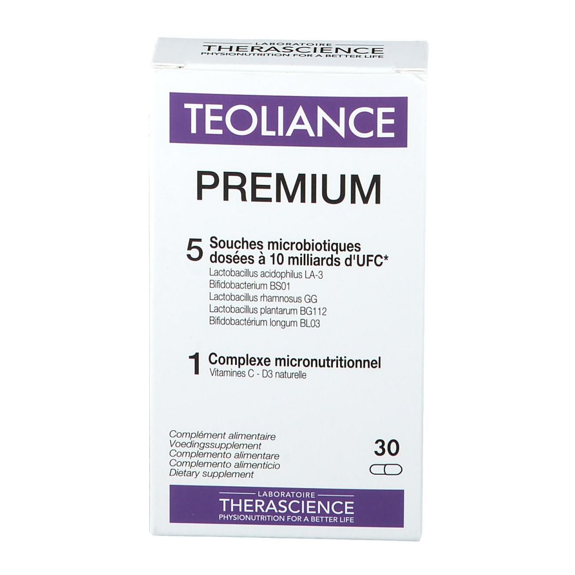 Boîte blanche et violette. Inscription: TEOLIANCE PREMIUM, 5 souches, 10 milliards d'UFC, 1 complexe micronutritionnel, 30 gélules.