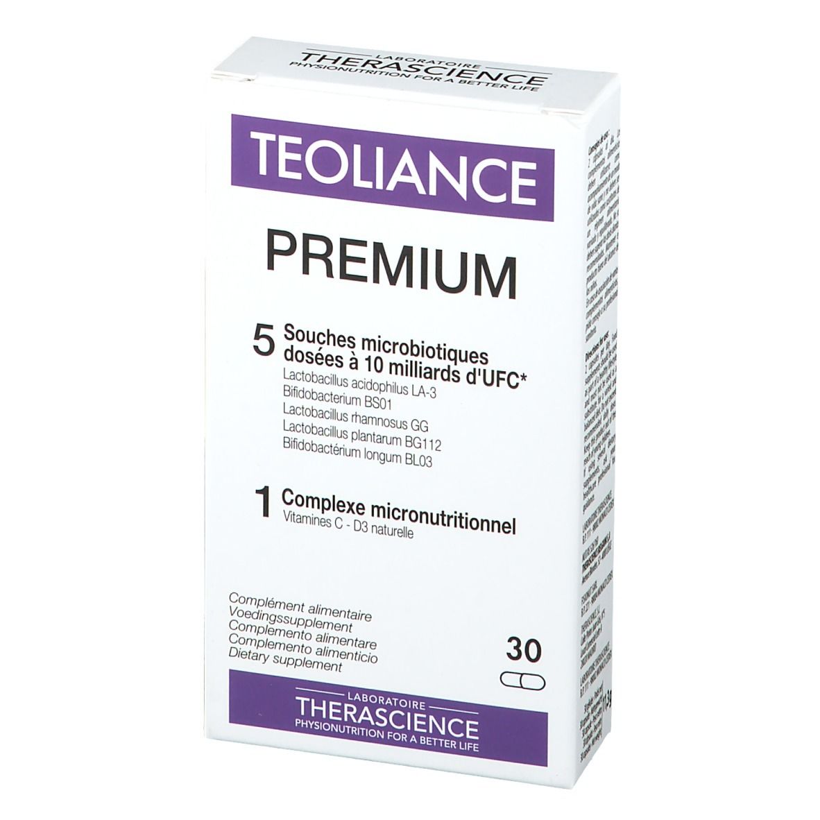 Boîte blanche et violette. Inscription: TEOLIANCE PREMIUM, 5 souches, 10 milliards d'UFC, 1 complexe micronutritionnel, 30 gélules.