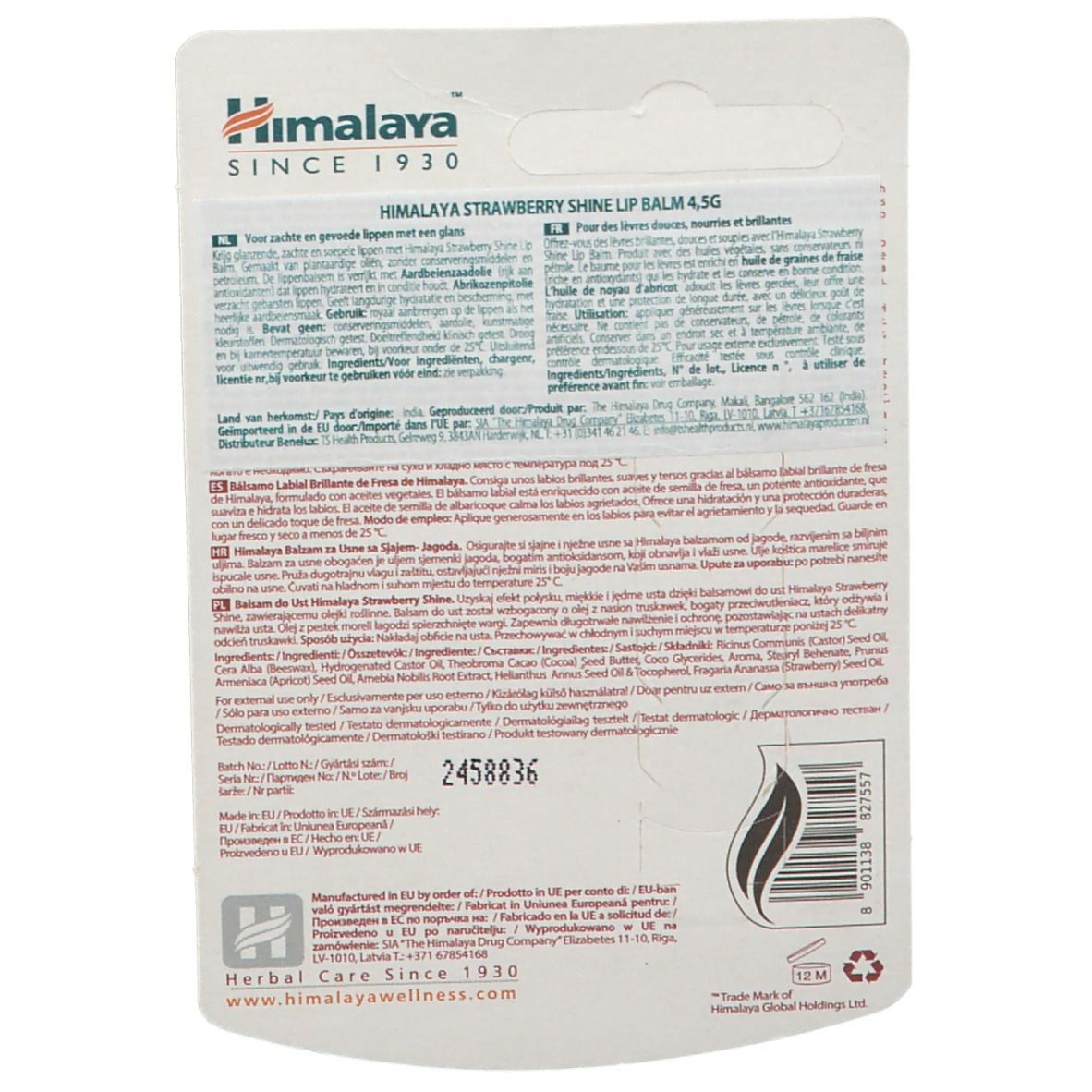 Rückseite der Himalaya Strawberry Shine Lip Balm Verpackung. Text in mehreren Sprachen, 4,5 g, Chargennummer.