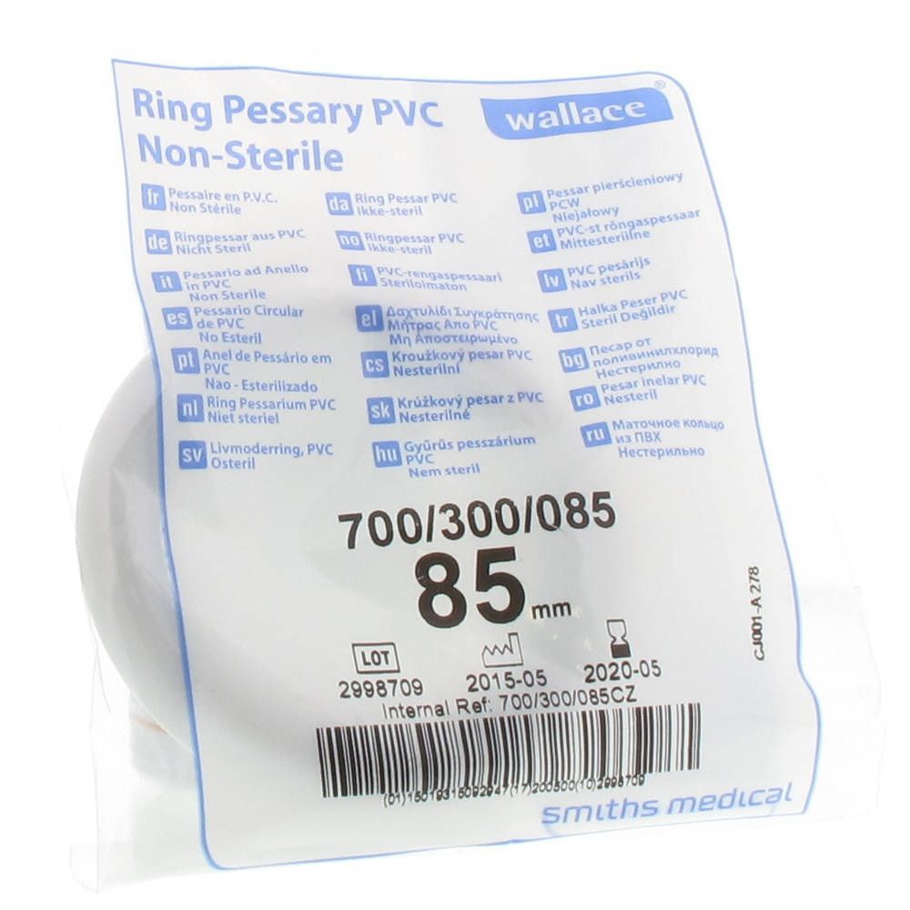 Pessaire en anneau PVC, non stérile, emballé. Diamètre 85 mm. Marque Wallace, Smiths Medical.