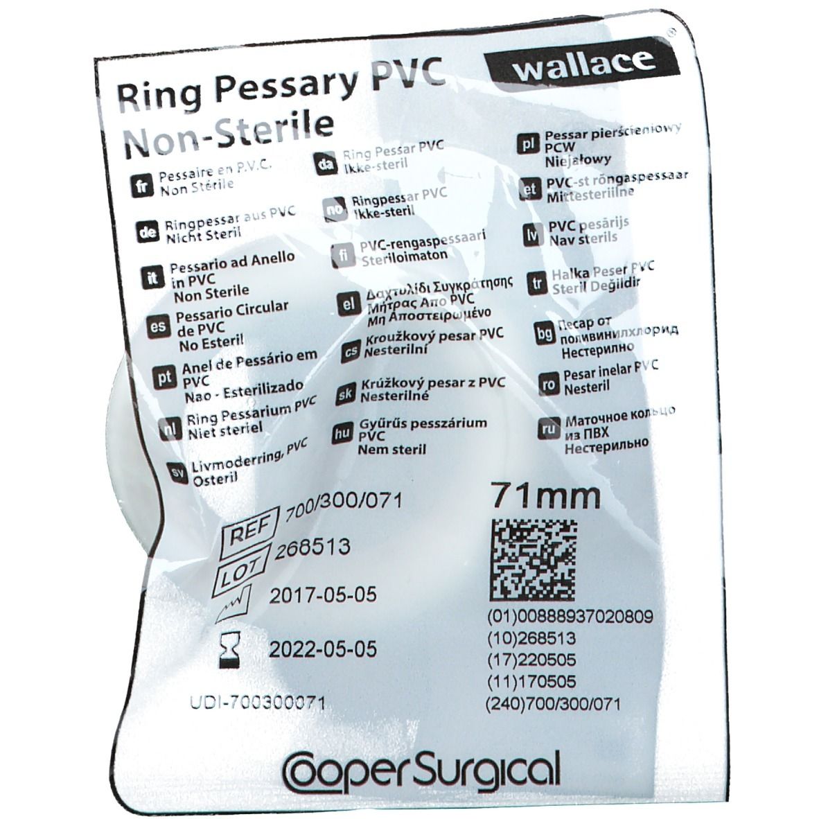Ringpessarium PVC niet-steriel, verpakking Wallace. Afmeting 71mm. REF 700/300/071. LOT 266513. UDI-700300071.