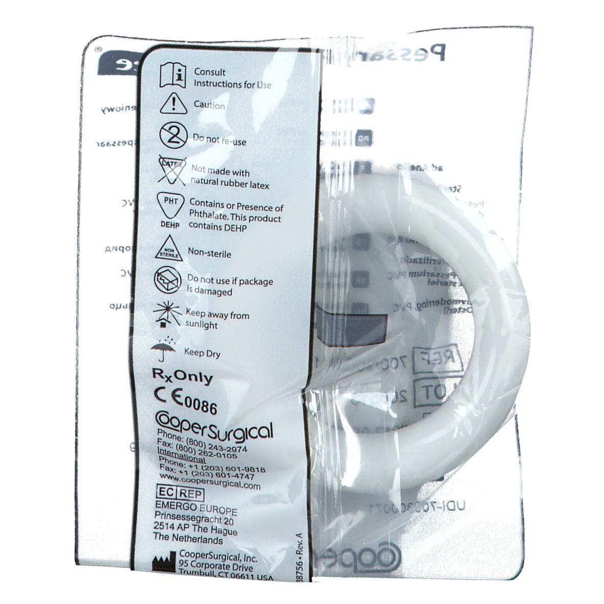 Ringpessarium PVC, steriel verpakt. Cooper Surgical. CE 0086. Rx Only. Bevat DEHP. Niet van natuurrubberlatex.