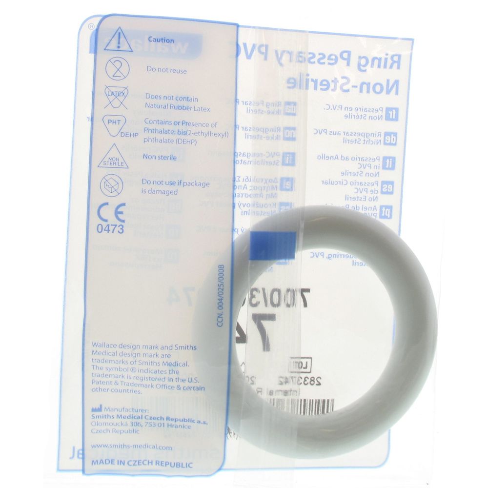Ring pessarium van PVC, steriel verpakt. CE-markering. Transparante verpakking met productinformatie.
