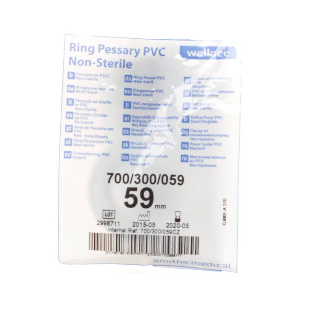 Pessaire annulaire PVC non stérile, 59 mm. Emballage avec informations produit, fabricant et dimensions.