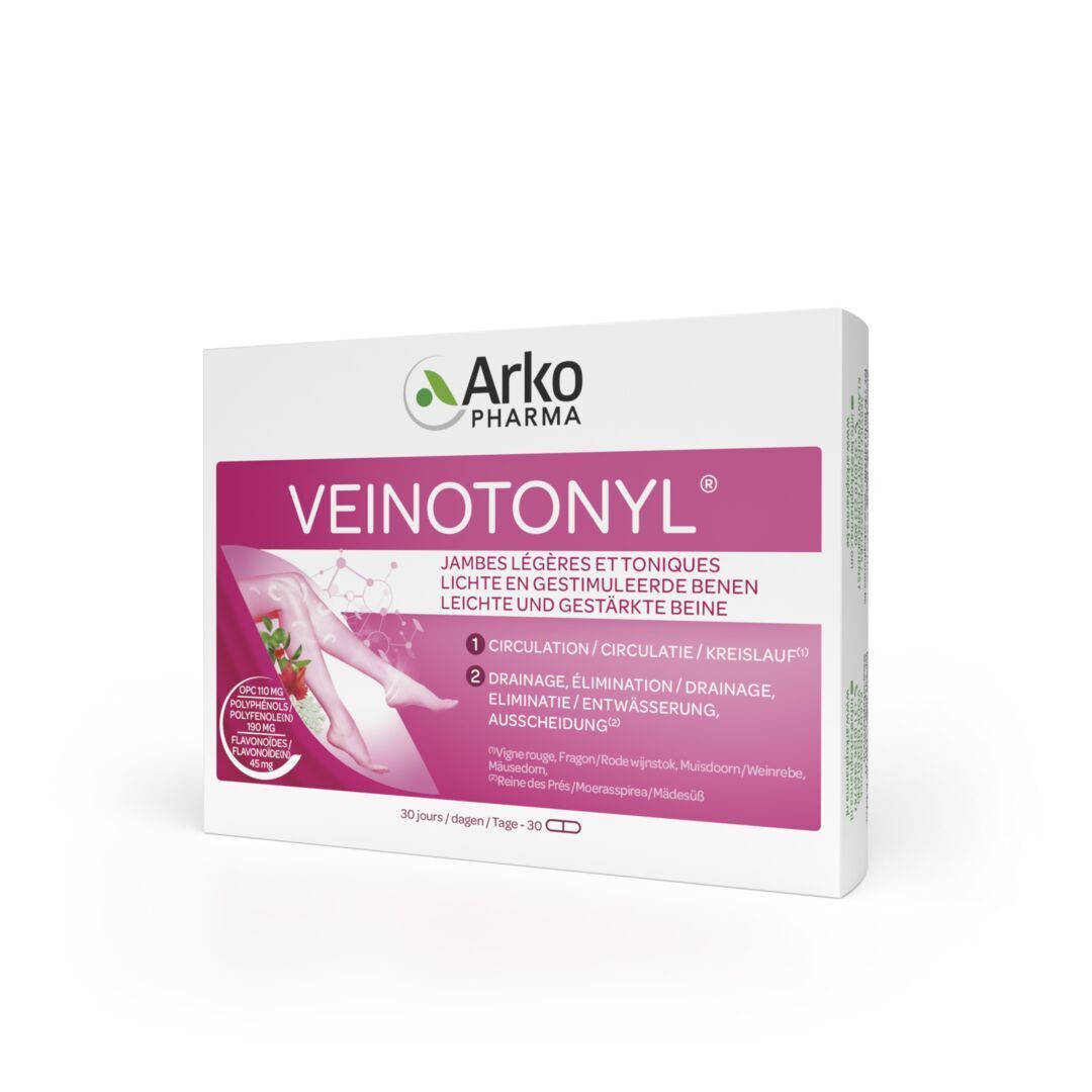 Boîte de Veinotonyl®. Carton blanc avec nom et informations. 30 gélules.