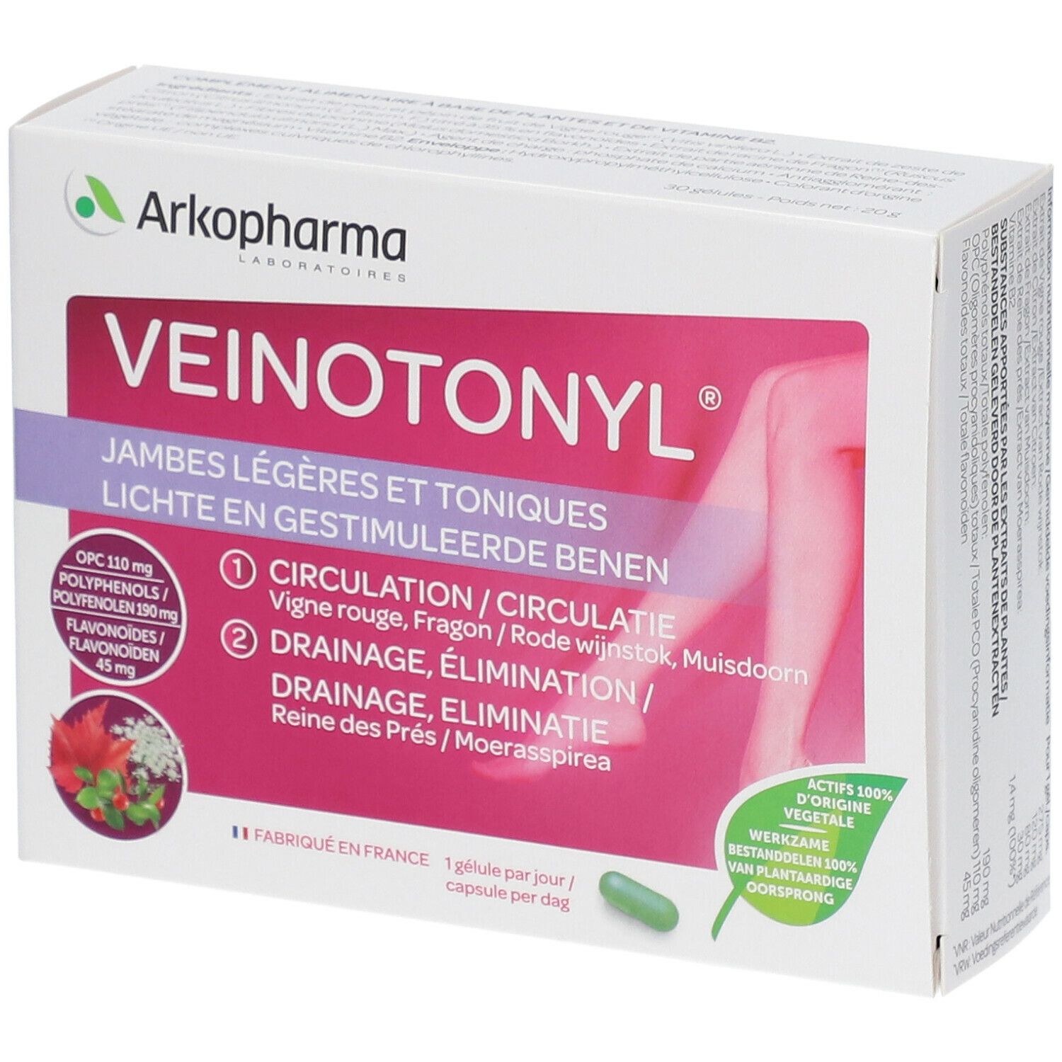Boîte de Veinotonyl®. Carton blanc avec nom et informations. Une gélule verte est visible.