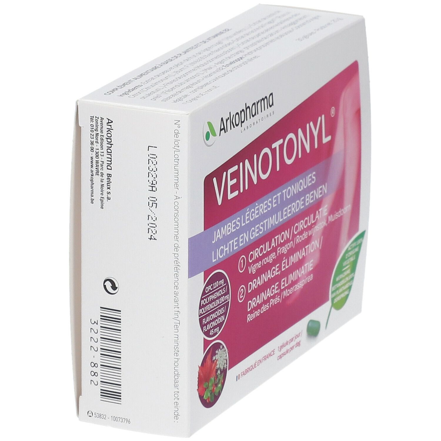 Boîte de Veinotonyl®, vue latérale. Carton blanc avec nom et détails.