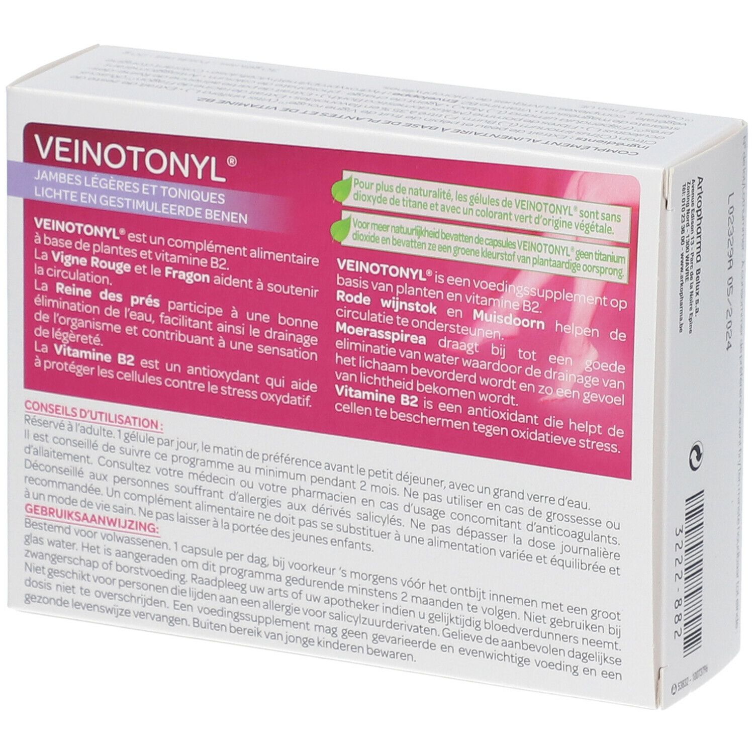 Dos de la boîte de Veinotonyl®. Texte en allemand, français et néerlandais.