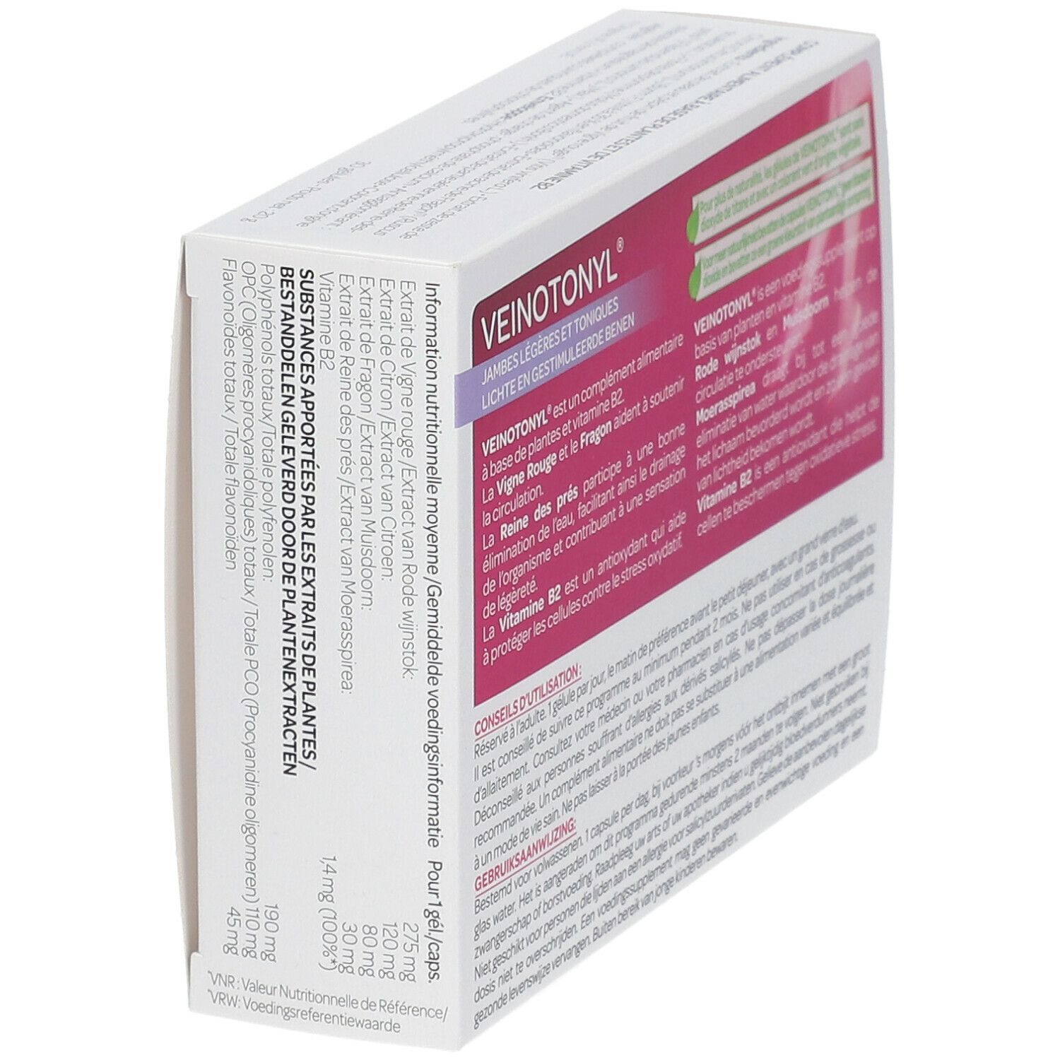 Boîte de Veinotonyl®, vue latérale. Ingrédients et informations nutritionnelles.