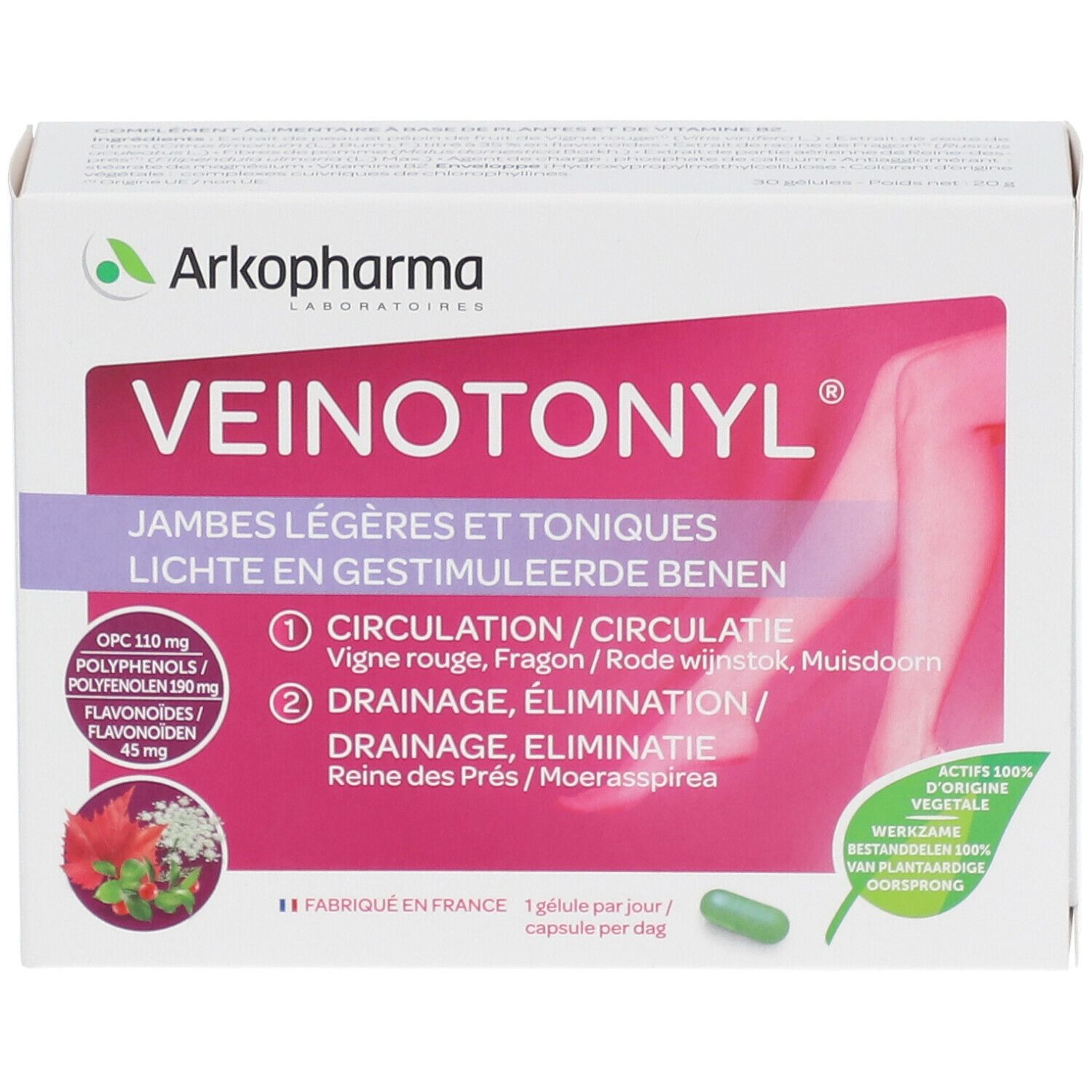 Boîte de Veinotonyl®. Carton blanc avec nom et informations. Une gélule verte est visible.