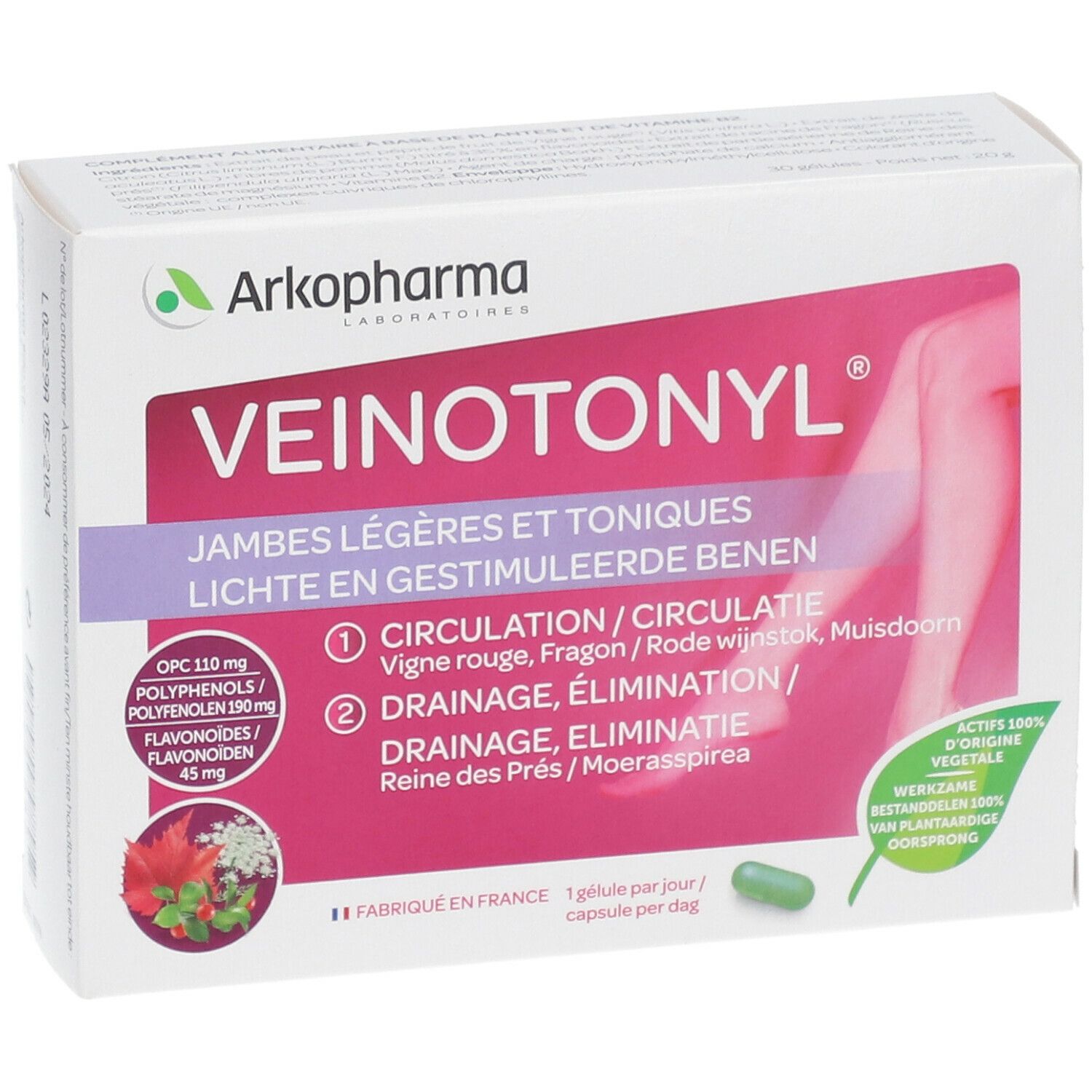 Boîte de Veinotonyl®. Carton blanc avec nom et informations. Une gélule verte est visible.