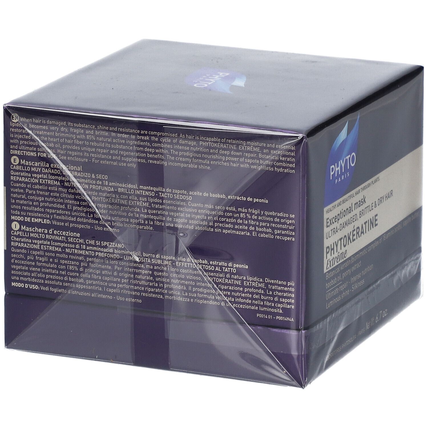 Boîte violet foncé, informations produit multilingues. Logo et nom PHYTOKÉRATINE Extrême. Net 6.7 oz.