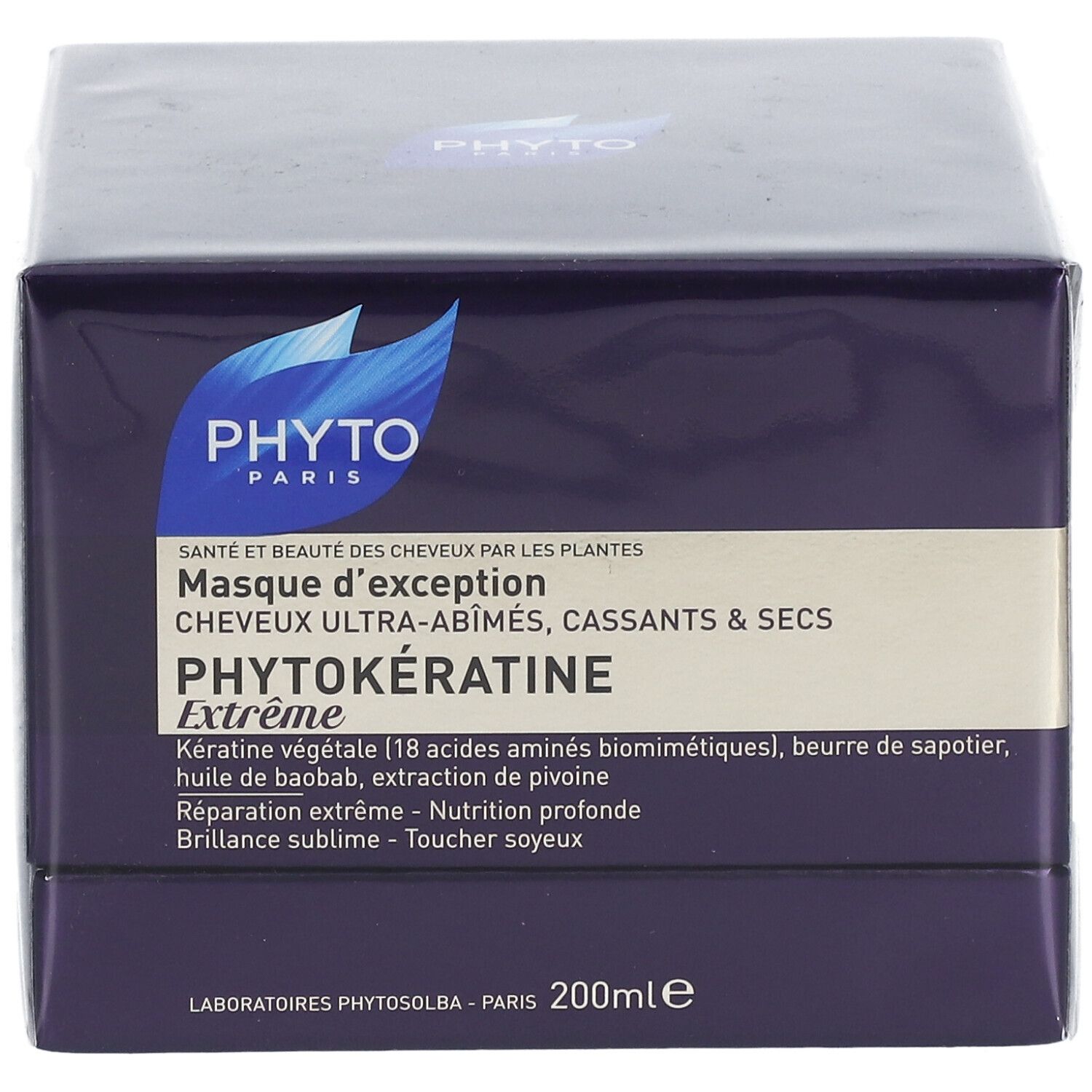 Boîte violet foncé avec logo et nom du produit PHYTOKÉRATINE Extrême. Texte : 200ml.