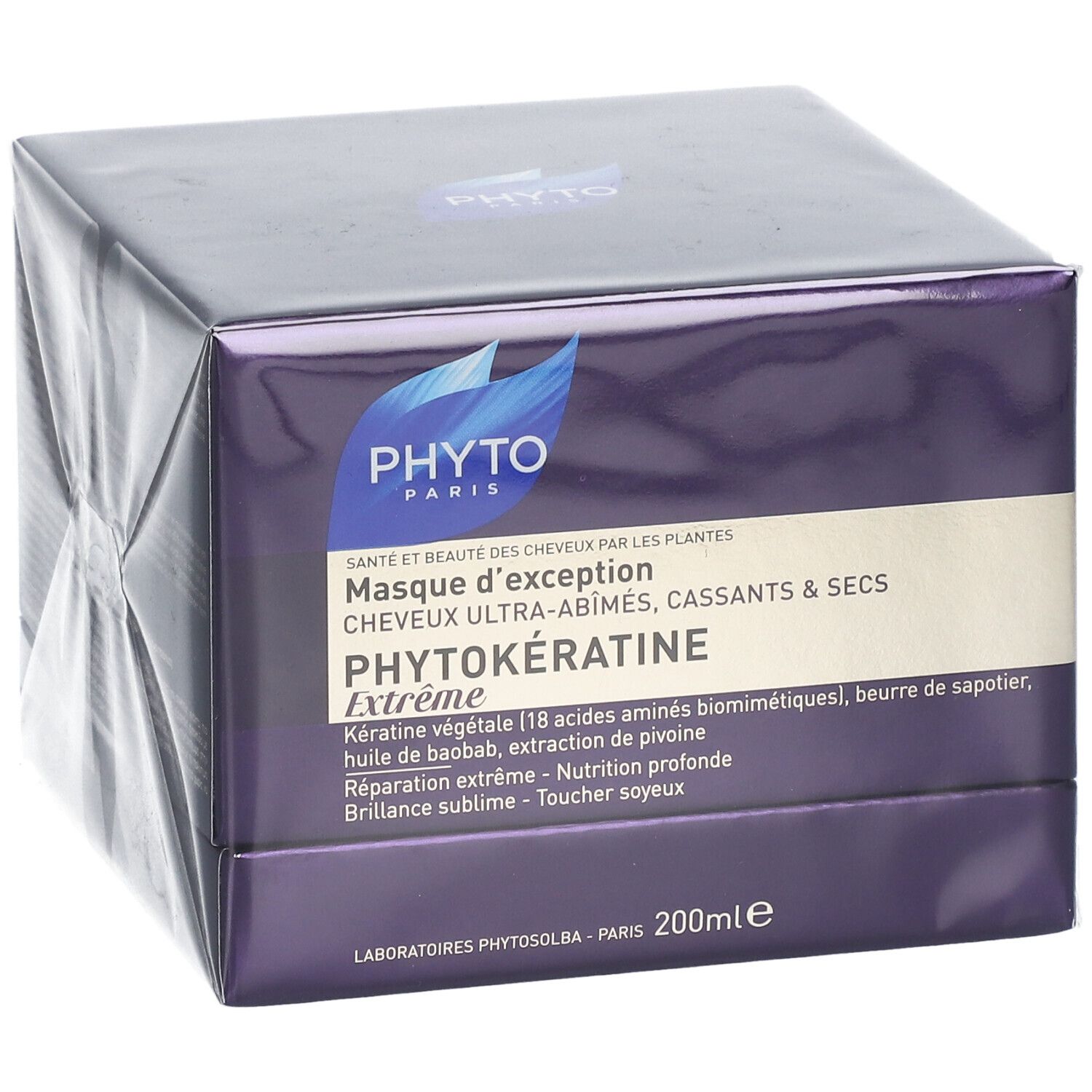 Boîte violet foncé avec logo et nom du produit PHYTOKÉRATINE Extrême. Texte : 200ml.