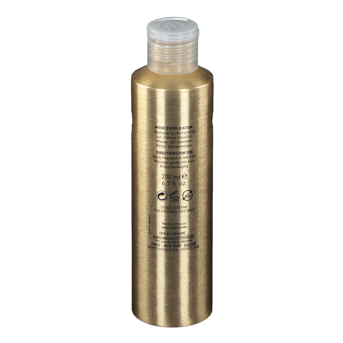 Dos du flacon de shampooing. Texte : mode d'emploi, 200 ml, informations fabricant.