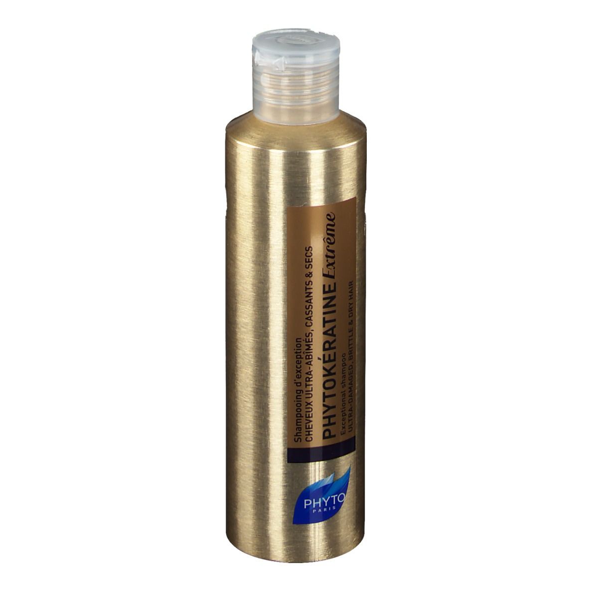 Flacon de shampooing doré avec bouchon blanc. Inscription : PHYTOKÉRATINE Extrême, pour cheveux ultra-abîmés.