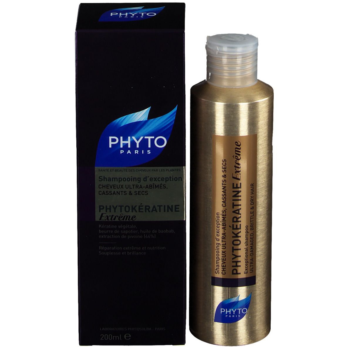 Flacon de shampooing et boîte. Boîte : noire, logo bleu, nom du produit, 200ml.