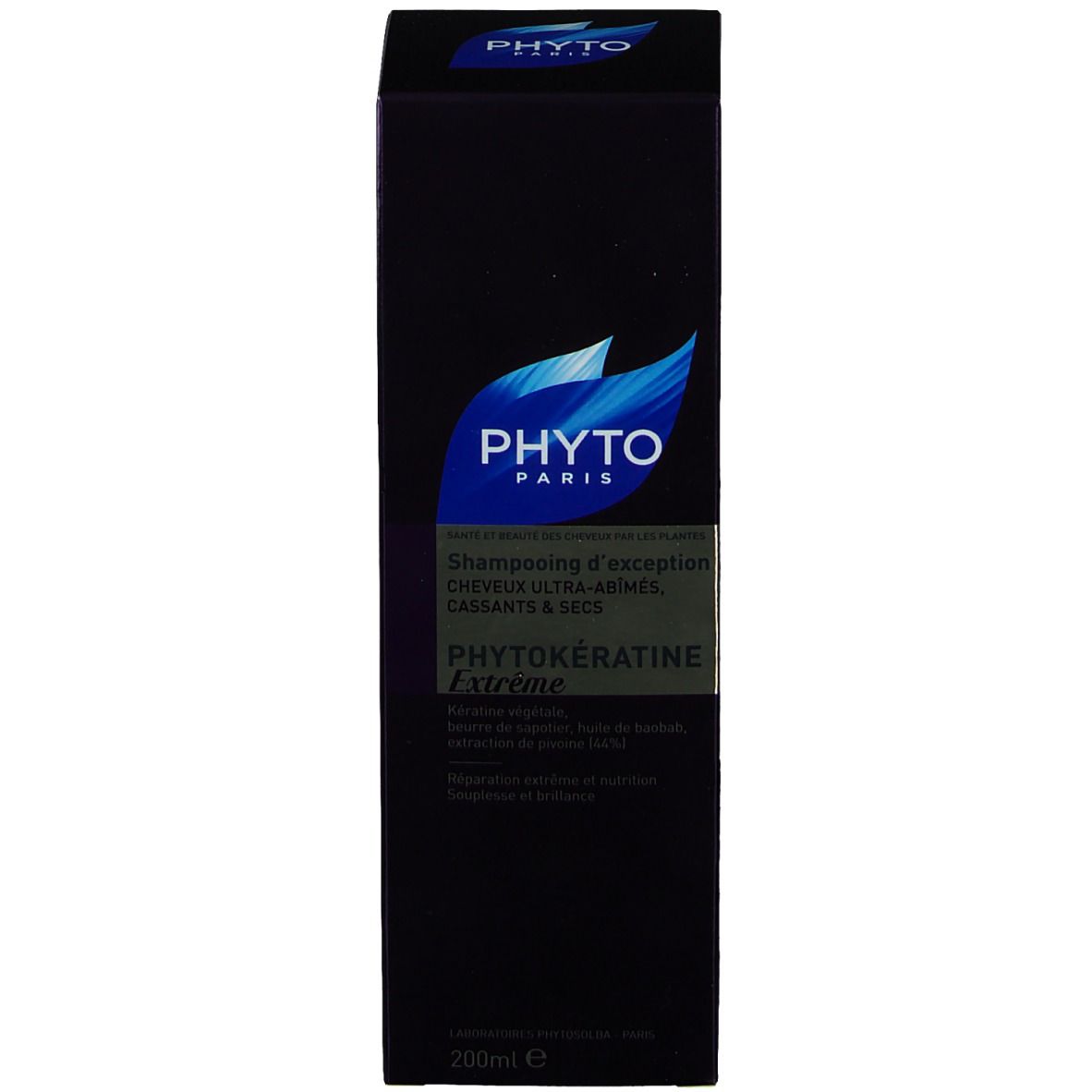 Boîte noire avec logo bleu et informations produit. Nom du produit : PHYTOKÉRATINE Extrême.