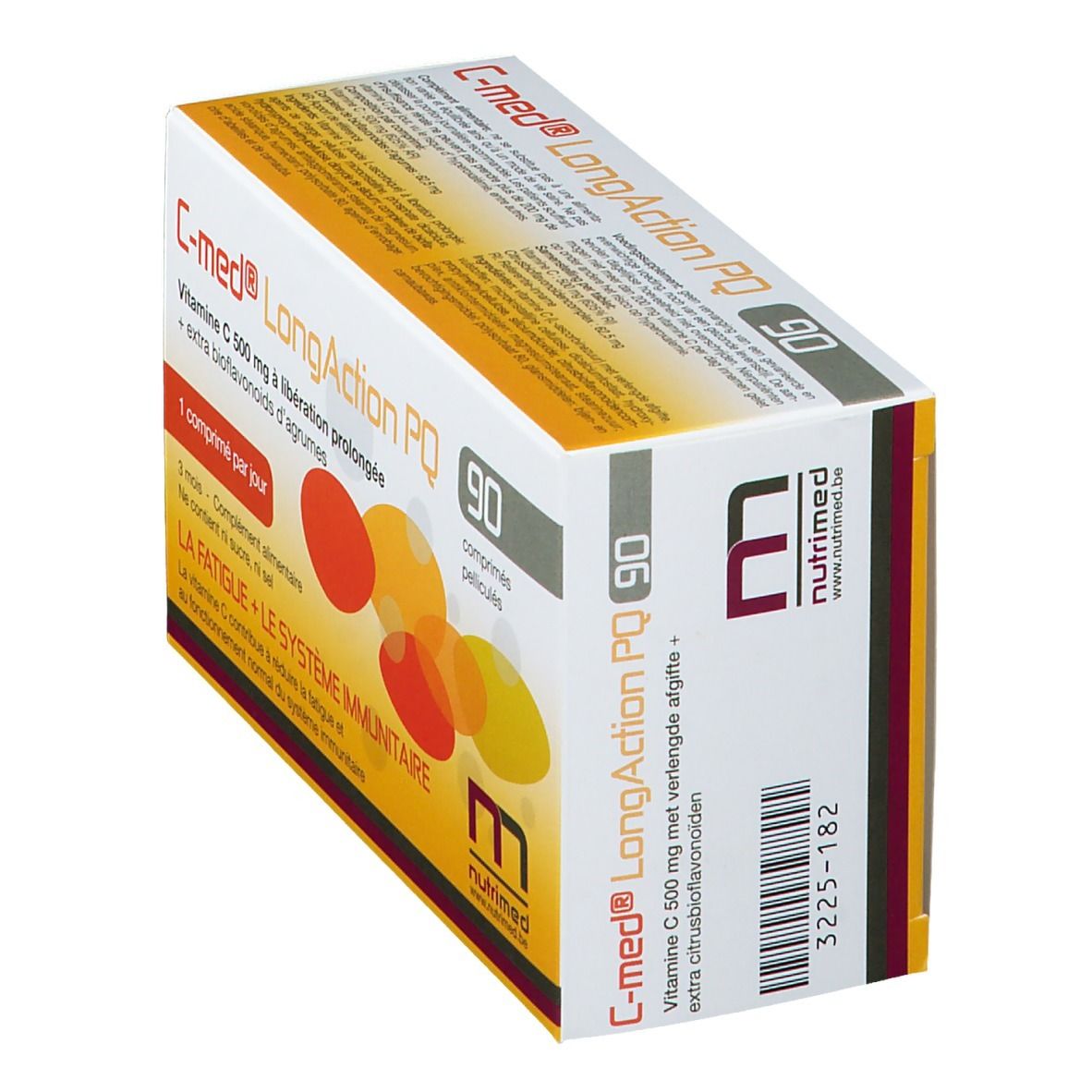 Boîte de C-med® LongAction PQ. 90 comprimés. Vitamine C et bioflavonoïdes. Vue en biais.