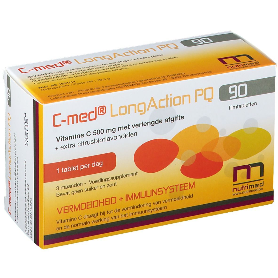 Boîte C-med® LongAction PQ. 90 comprimés pelliculés. Vitamine C et bioflavonoïdes. Design jaune et orange.