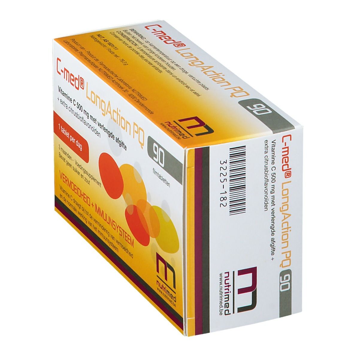 Boîte C-med® LongAction PQ. 90 comprimés. Vitamine C et bioflavonoïdes. Vue en biais.