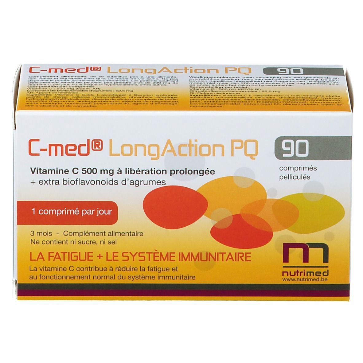 Boîte de C-med® LongAction PQ. 90 comprimés. Vitamine C et bioflavonoïdes. Design jaune et orange.
