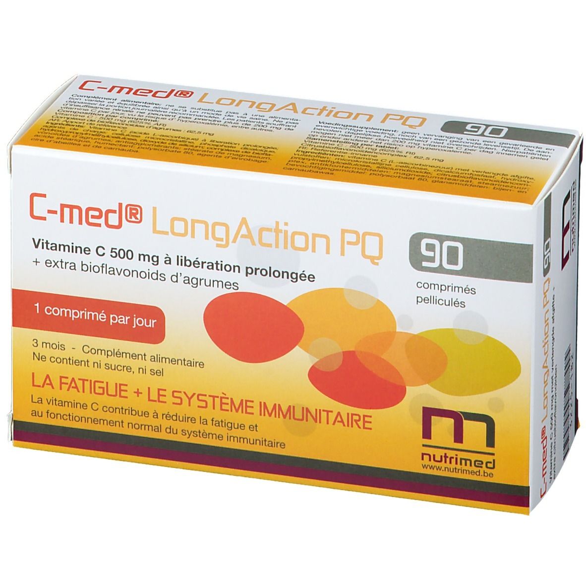 Boîte de C-med® LongAction PQ. 90 comprimés. Vitamine C et bioflavonoïdes. Design jaune et orange.