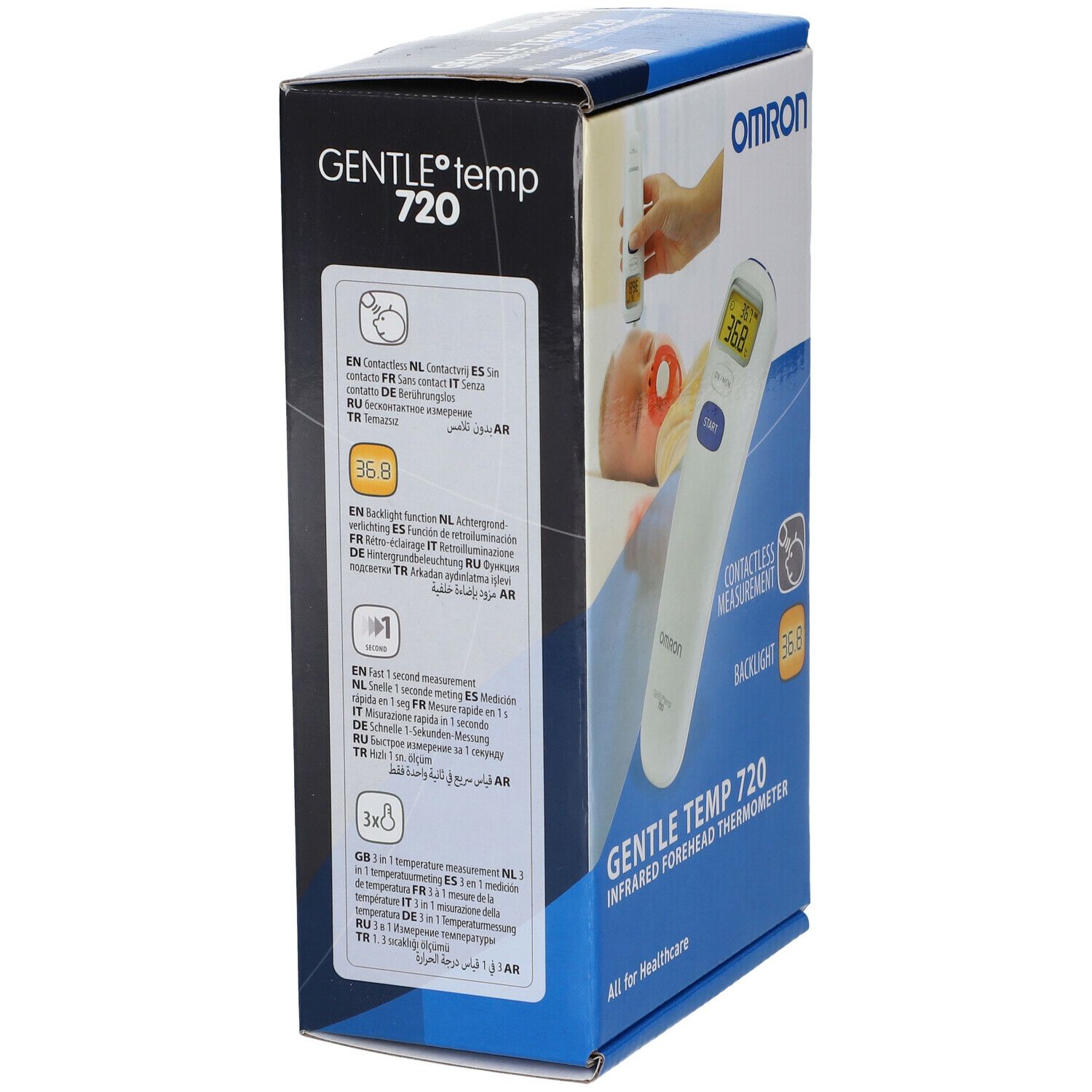 Omron Gentle Temp 720 Pro verpakking. Zijzicht met meertalige tekst. Contactloze meting, meting in 1 seconde.