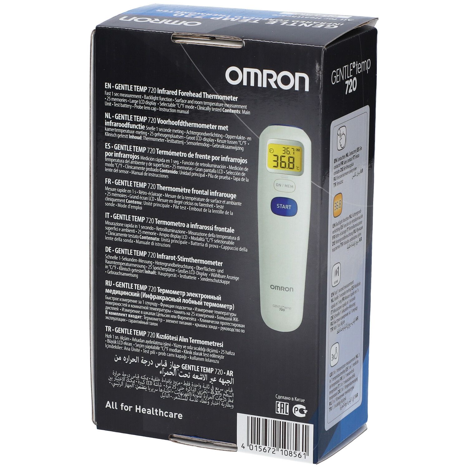 Omron Gentle Temp 720 Pro verpakking. Achterkant met meertalige tekst. Contactloze meting, meting in 1 seconde.