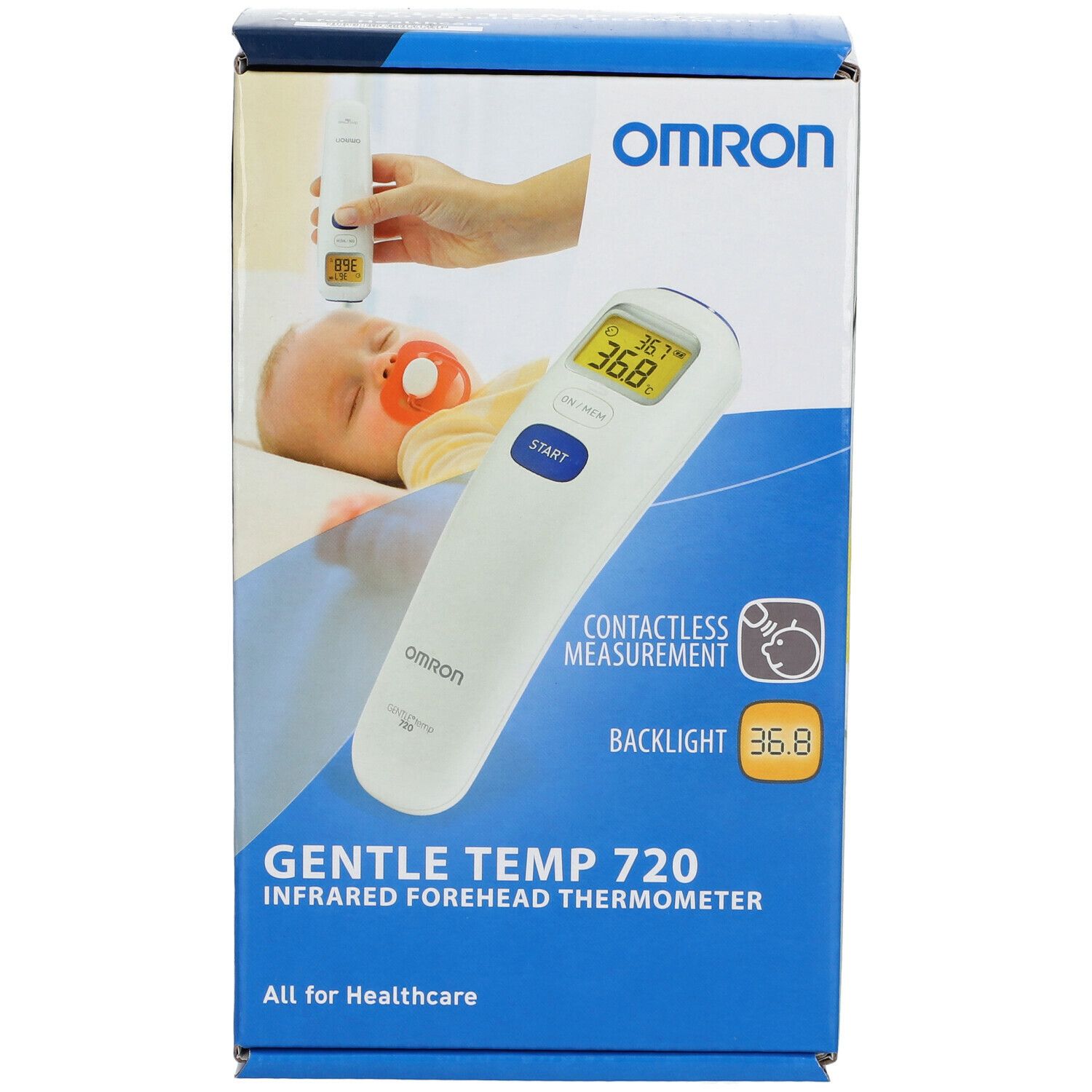 Omron Gentle Temp 720 Pro. Verpakking toont voorhoofdthermometer en baby. Contactloze meting, achtergrondverlichting.