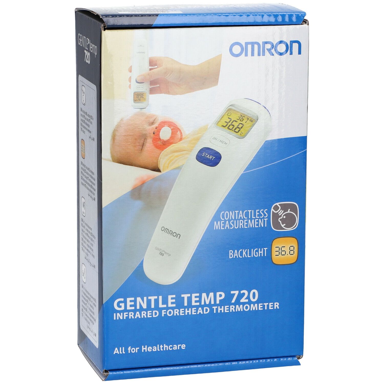 Omron Gentle Temp 720 Pro. Verpakking toont voorhoofdthermometer en baby. Contactloze meting, achtergrondverlichting.