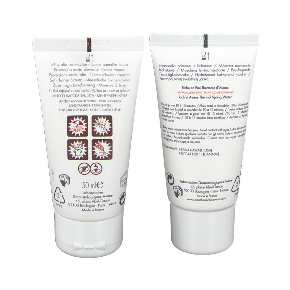 Dos de deux tubes de crème Avène. Texte multilingue, logos et informations.