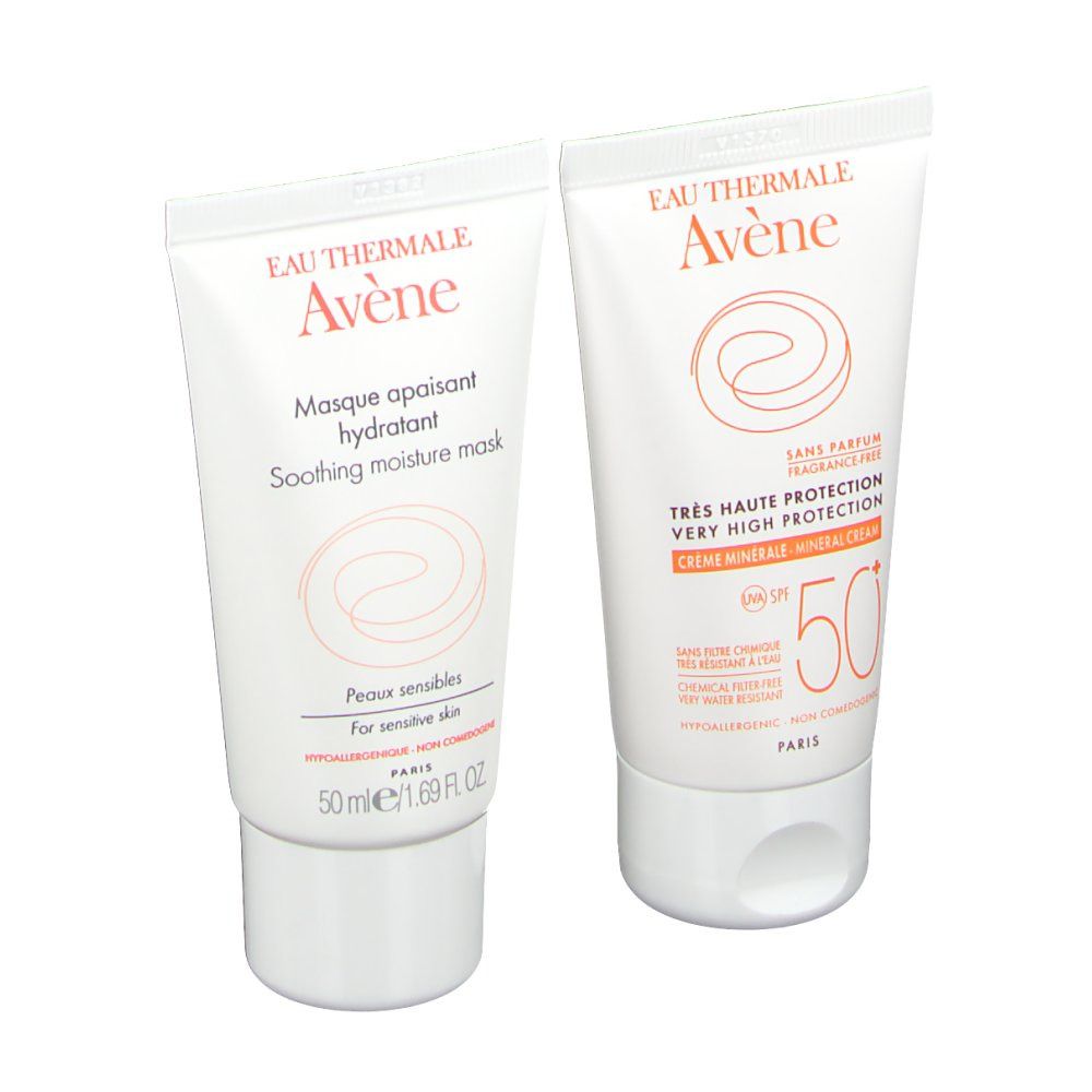 Deux tubes de crème Avène. L'un avec 'Masque apaisant hydratant', l'autre avec 'SPF 50+'.