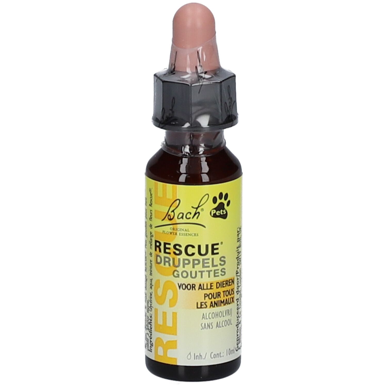 Bruine glazen fles met geel etiket. Druppelaar met roze dop. Opschrift: Bach RESCUE® Pets.