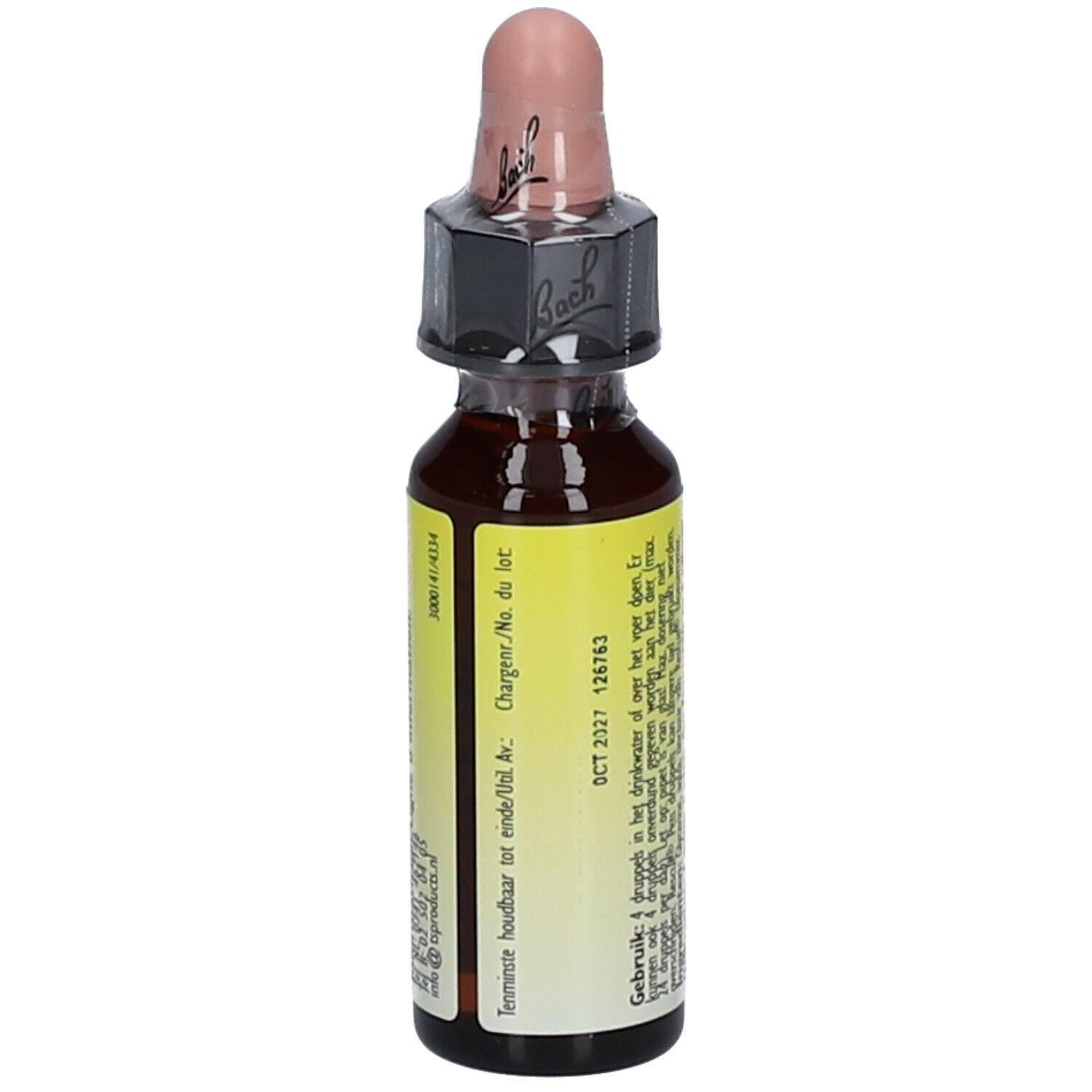 Bruine glazen fles met geel etiket. Druppelaar met roze dop. Tekst in het Nederlands. Houdbaarheidsdatum.