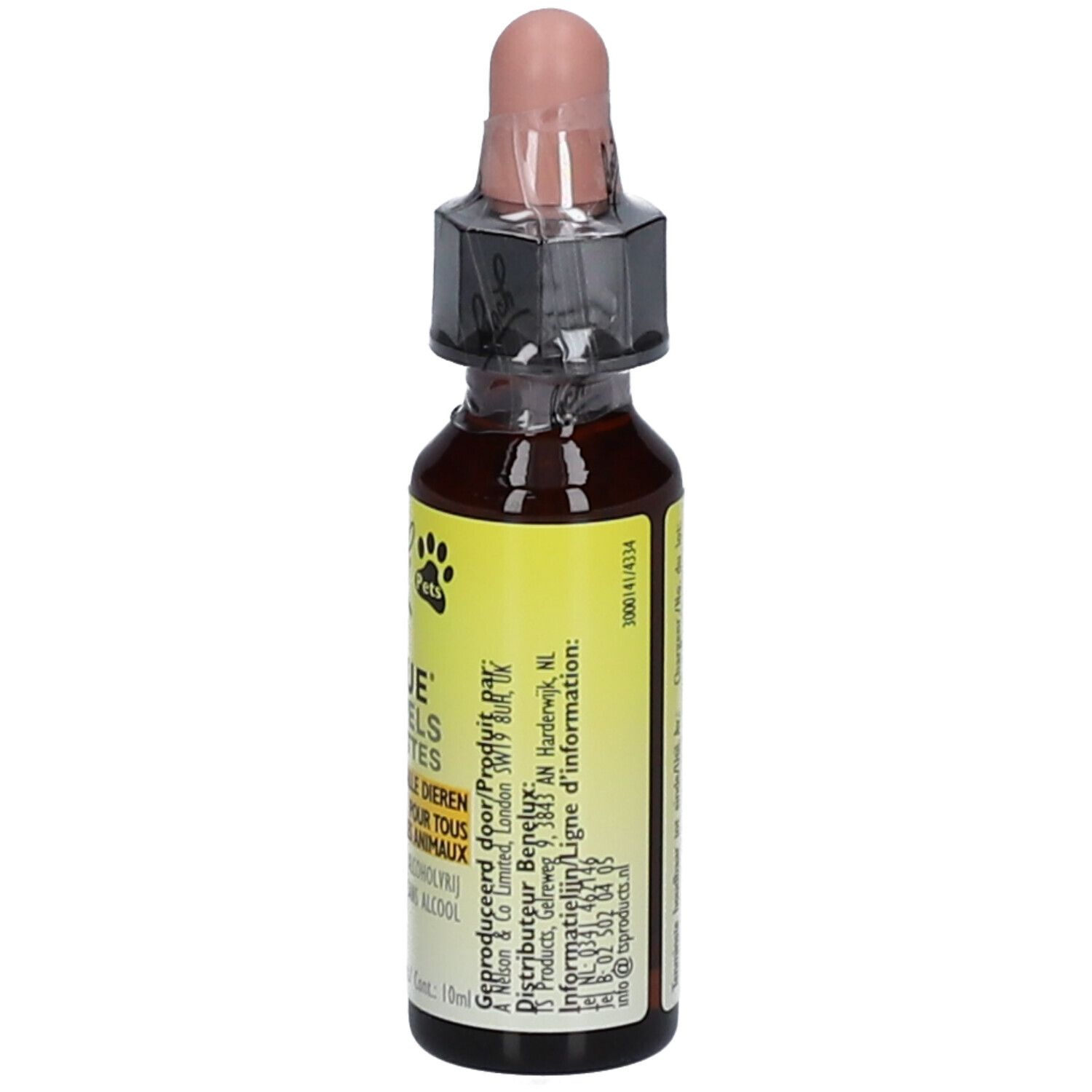 Bruine glazen fles met geel etiket. Druppelaar met roze dop. Tekst in het Nederlands en Frans.