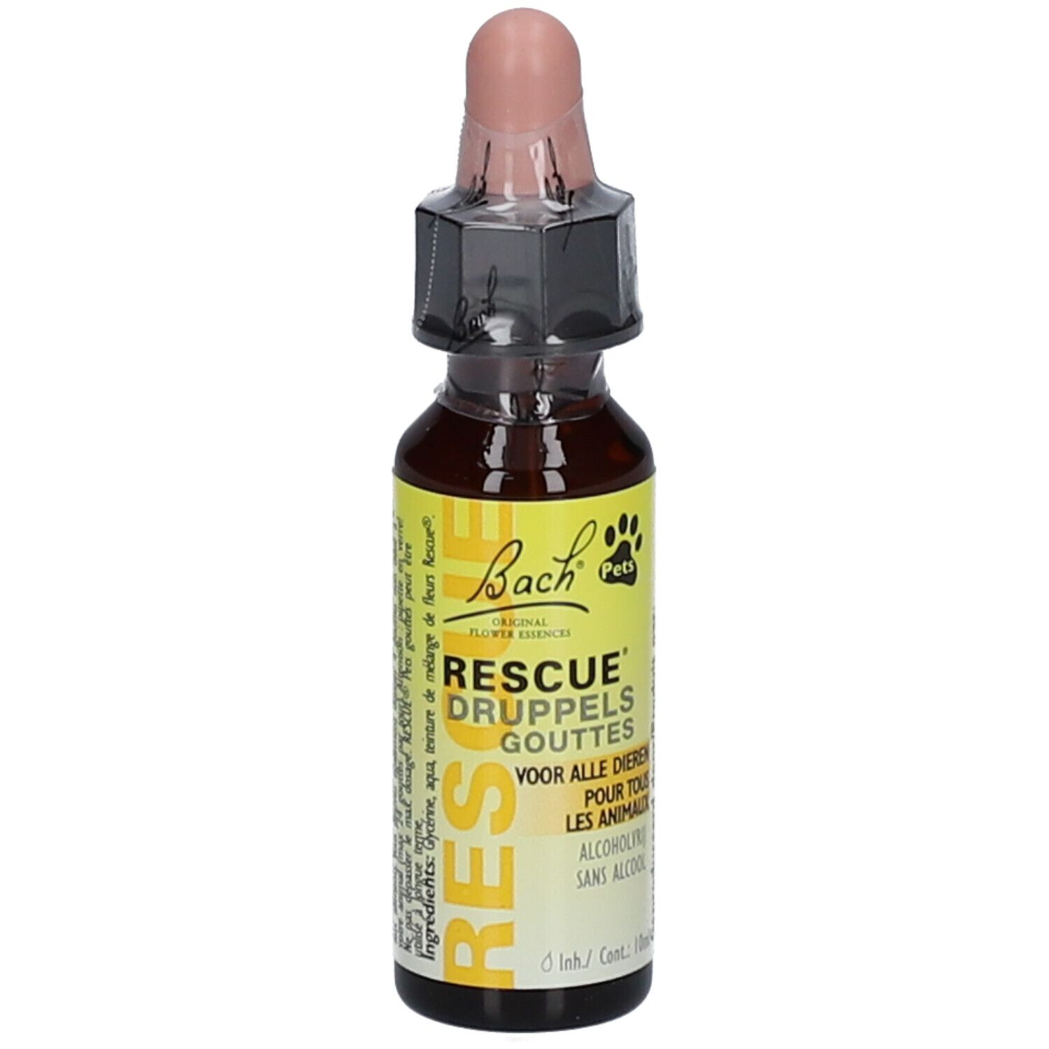 Bruine glazen fles met geel etiket. Druppelaar met roze dop. Opschrift: Bach RESCUE® Pets.