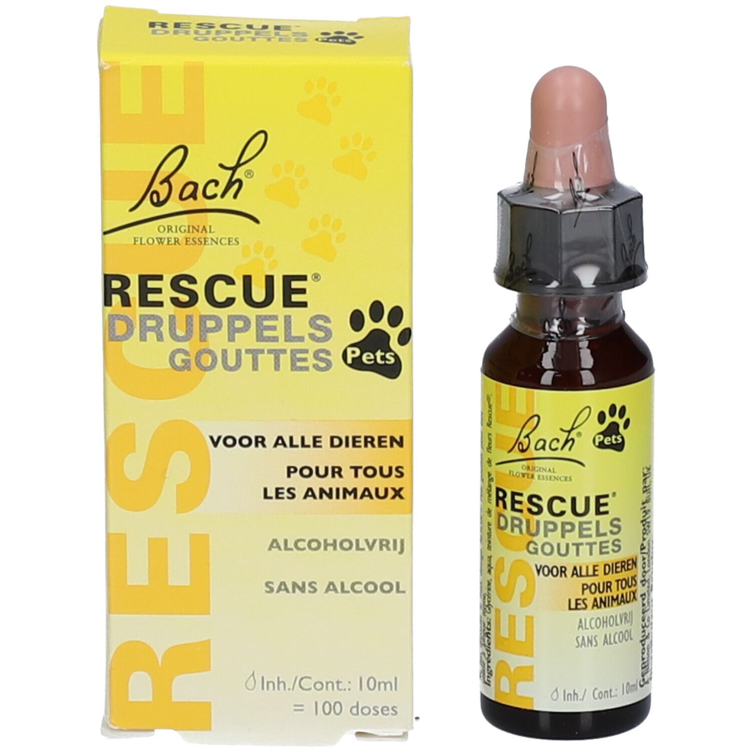 Bruine glazen fles en gele doos. Druppelaar met roze dop. Opschrift: Bach RESCUE® Pets.
