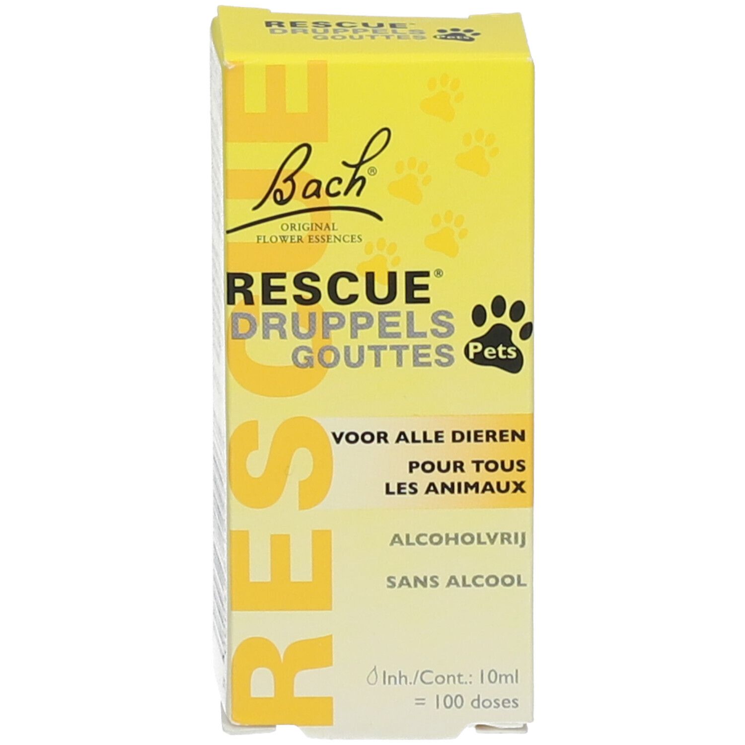 Gele doos. Opschrift: Bach RESCUE® Pets. Poot-symbool. Tekst in het Nederlands en Frans.