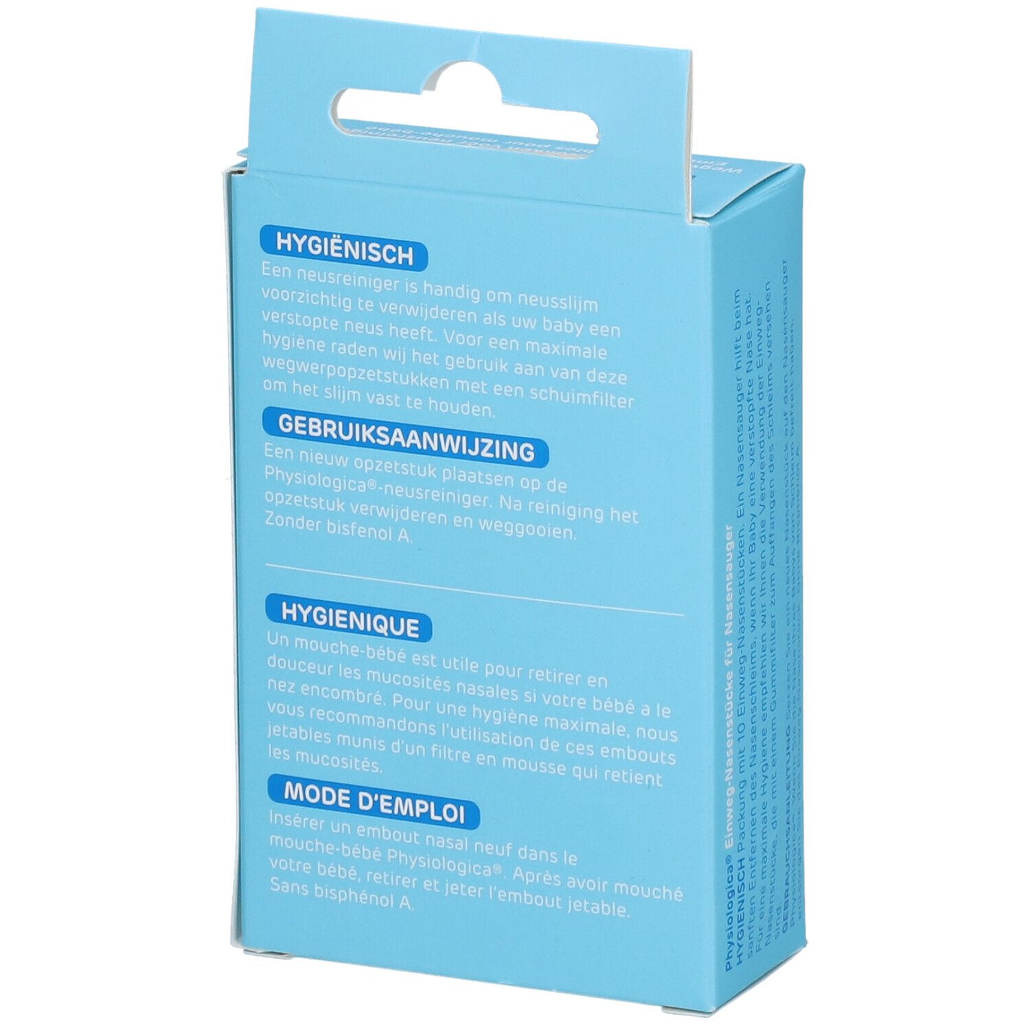 Boîte bleu clair avec texte en néerlandais et français. Dos avec mode d'emploi.
