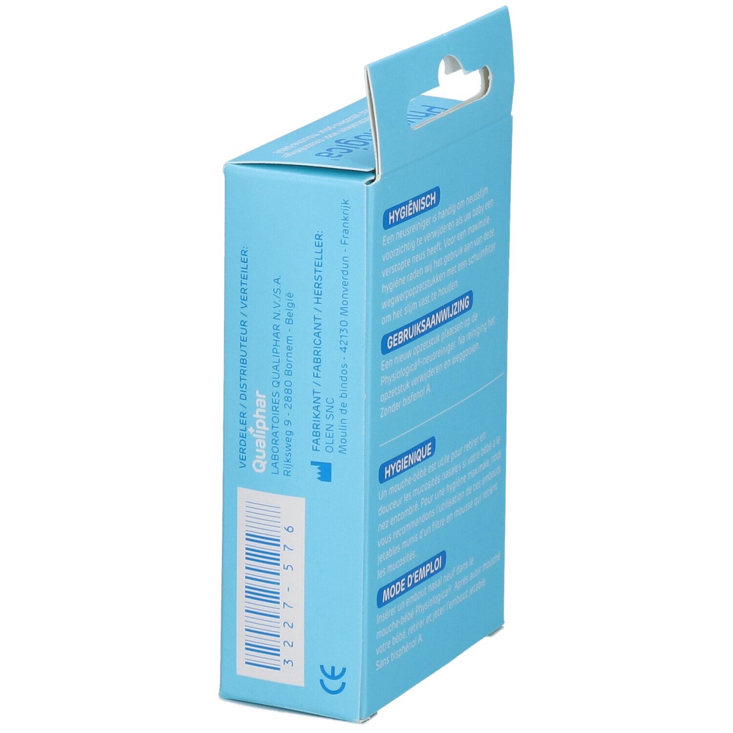 Boîte bleu clair, texte en néerlandais et français. Informations fabricant et marquage CE.